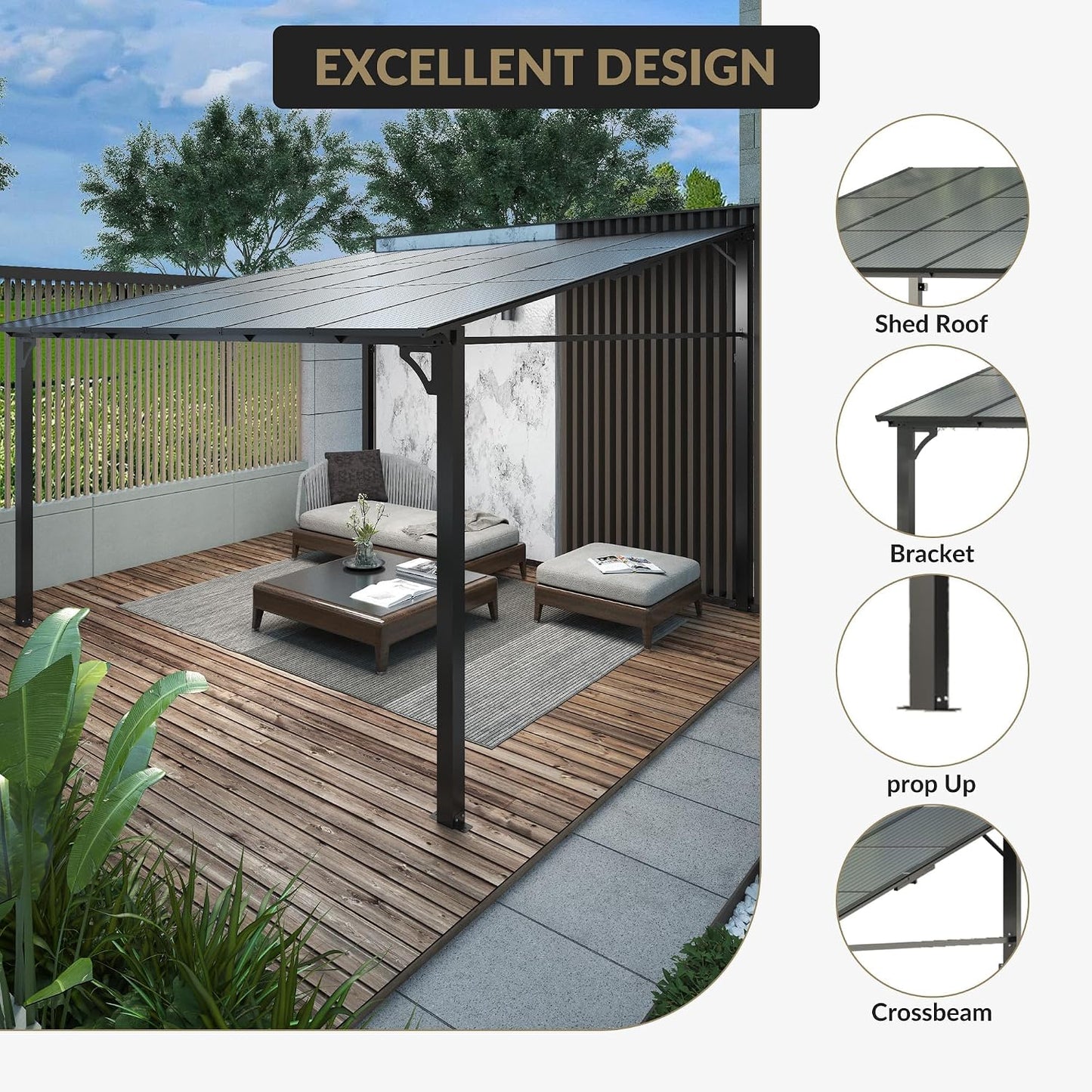 10X12Ft Lean to Metal Pergola Gazebo with Hardtop Polycarbonate Roof, Wall Mounted Outdoor Pergolas for Patios, Aluminum Frame Shade Shelter for Deck, Yard, Party, or Garden