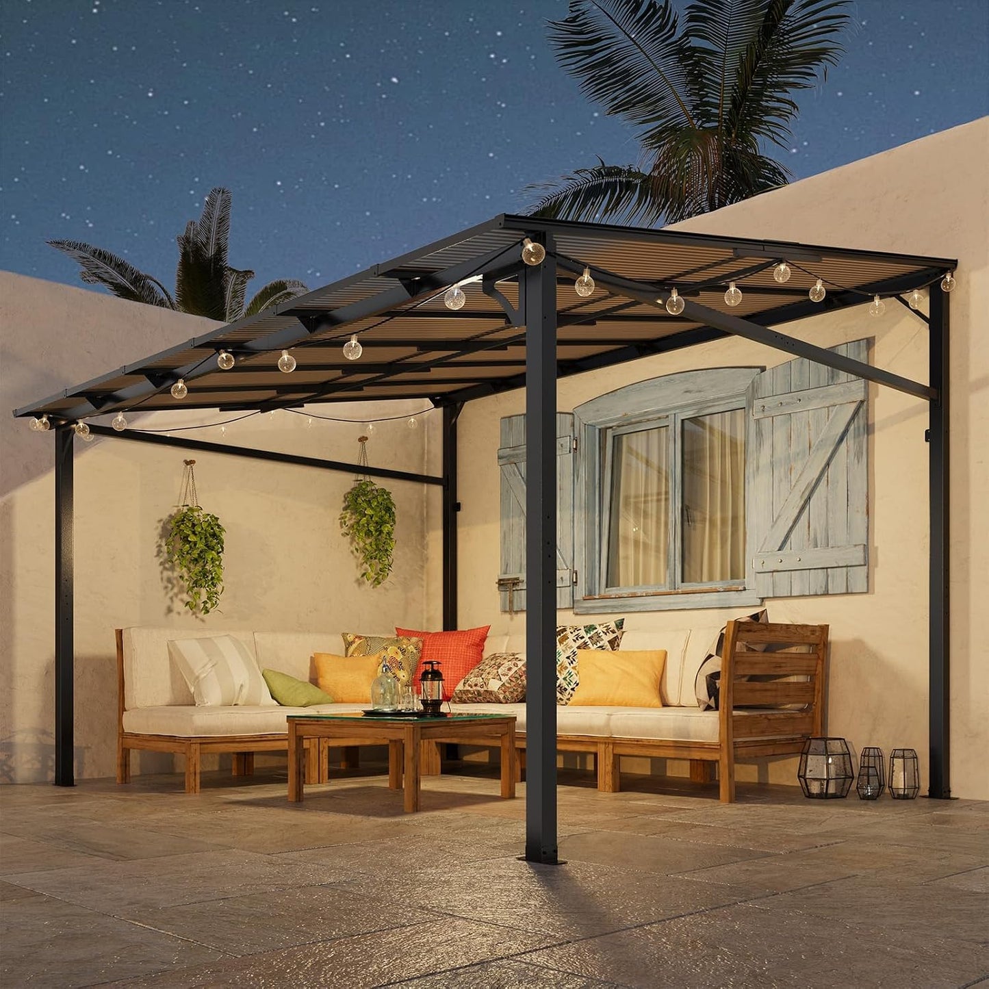 10X12Ft Lean to Metal Pergola Gazebo with Hardtop Polycarbonate Roof, Wall Mounted Outdoor Pergolas for Patios, Aluminum Frame Shade Shelter for Deck, Yard, Party, or Garden