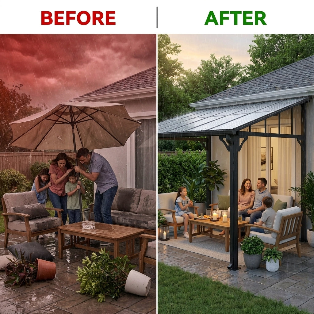 10'X20' Hardtop Wall Mounted Gazebo with Gutters & Galvanized Steel Roof, 60MPH Wind Resistance, Lean to Gazebo Pergola with Sloped Roof for Deck, Porch, Backyard and More, Black — Before & After