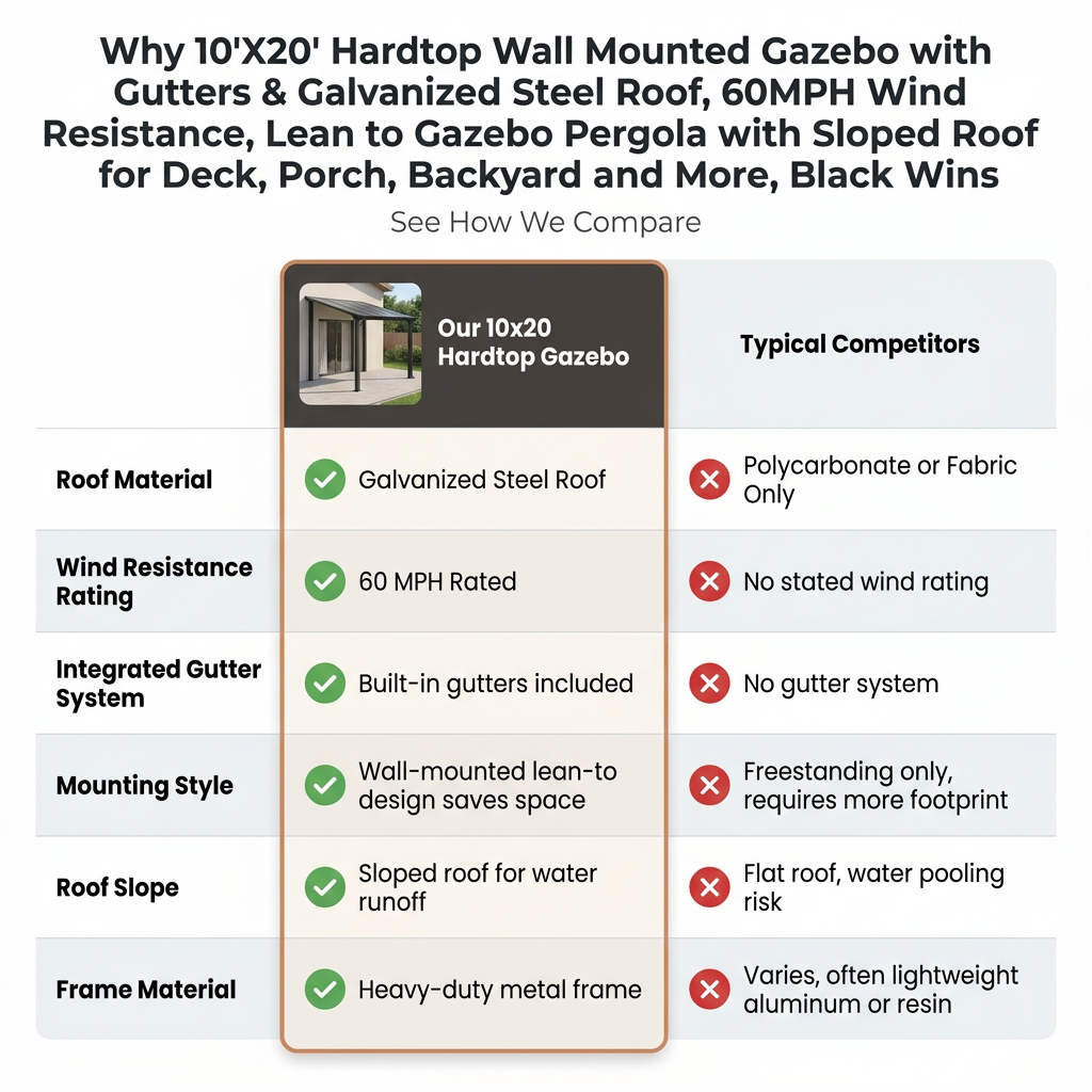 10'X20' Hardtop Wall Mounted Gazebo with Gutters & Galvanized Steel Roof, 60MPH Wind Resistance, Lean to Gazebo Pergola with Sloped Roof for Deck, Porch, Backyard and More, Black — Comparison