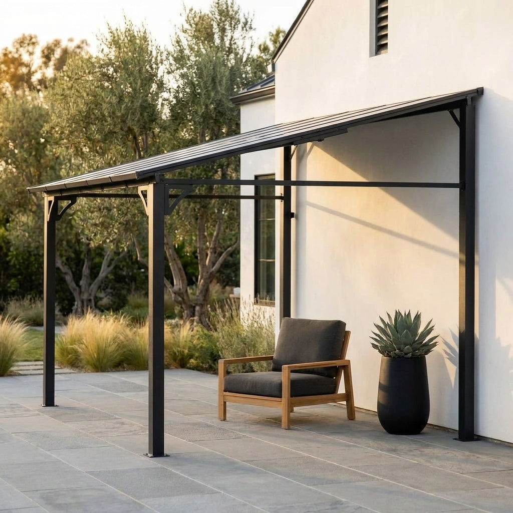 10'X20' Hardtop Wall Mounted Gazebo with Gutters & Galvanized Steel Roof, 60MPH Wind Resistance, Lean to Gazebo Pergola with Sloped Roof for Deck, Porch, Backyard and More, Black — Studio Shot