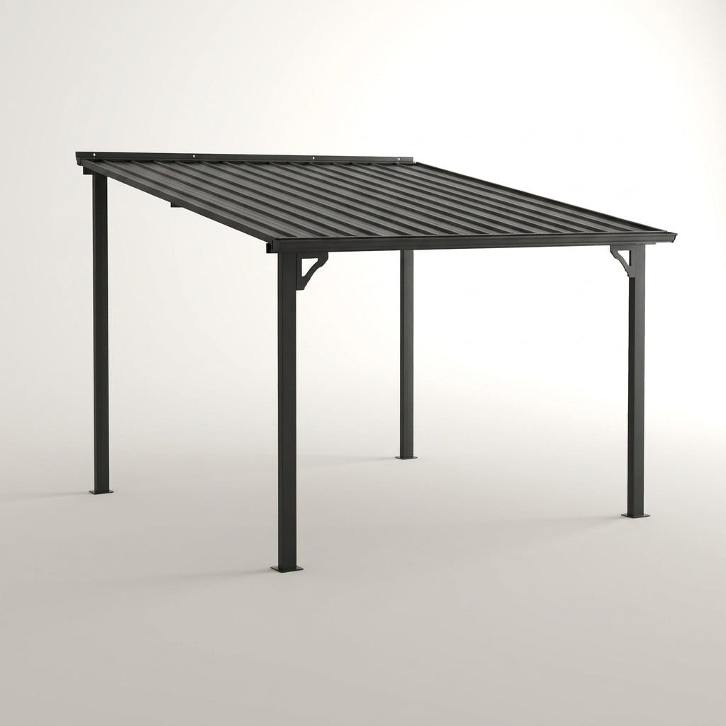 10'X20' Hardtop Wall Mounted Gazebo with Gutters & Galvanized Steel Roof, 60MPH Wind Resistance, Lean to Gazebo Pergola with Sloped Roof for Deck, Porch, Backyard and More, Black — Studio Shot