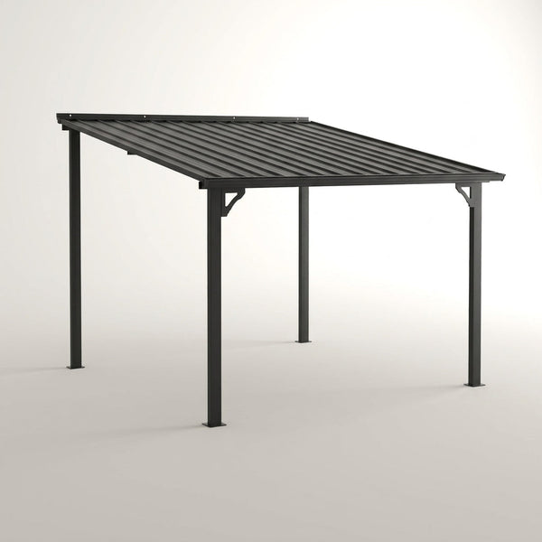 10'X20' Hardtop Wall Mounted Gazebo with Gutters & Galvanized Steel Roof, 60MPH Wind Resistance, Lean to Gazebo Pergola with Sloped Roof for Deck, Porch, Backyard and More, Black — Studio Shot