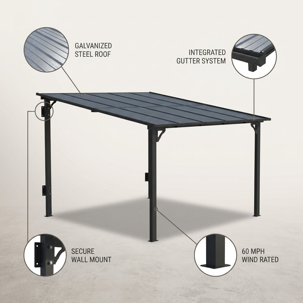 10'X20' Hardtop Wall Mounted Gazebo with Gutters & Galvanized Steel Roof, 60MPH Wind Resistance, Lean to Gazebo Pergola with Sloped Roof for Deck, Porch, Backyard and More, Black — infographic