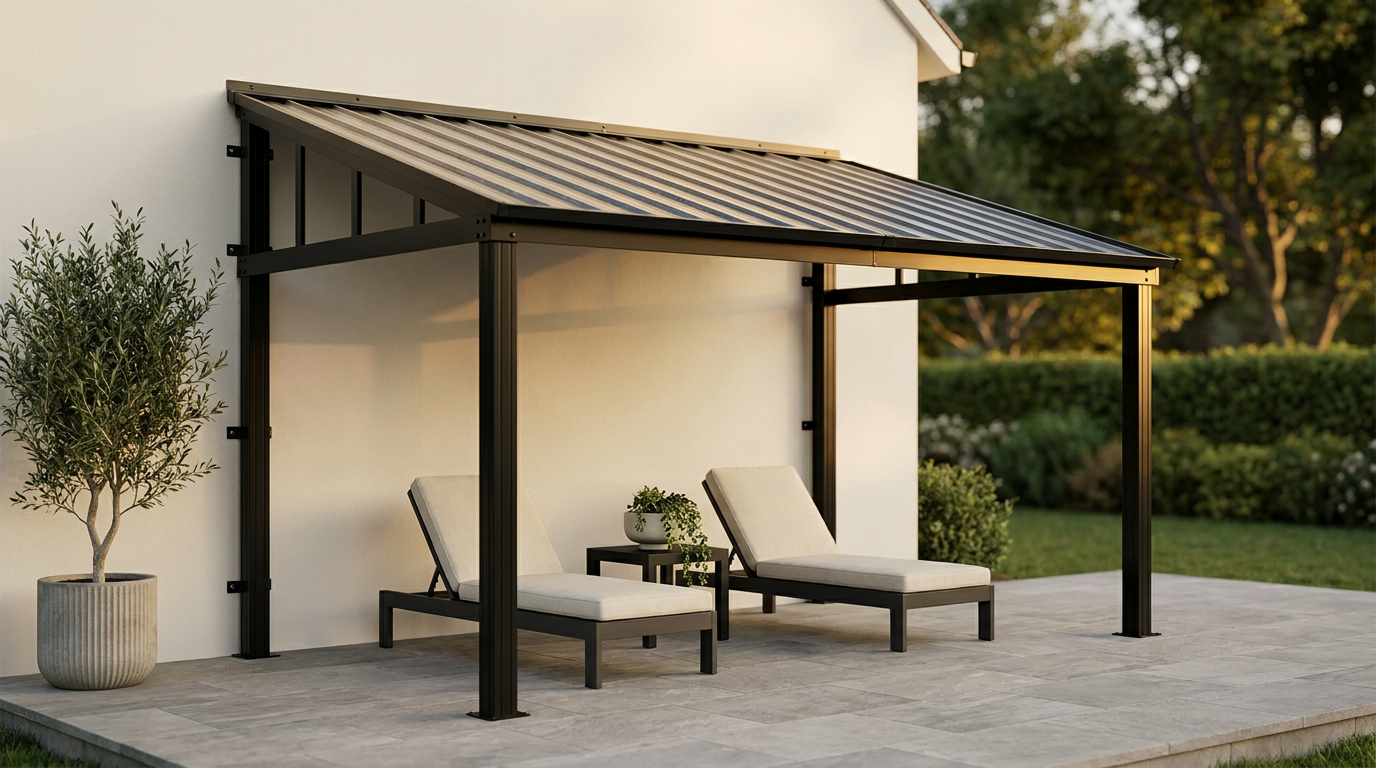 10'X20' Hardtop Wall Mounted Gazebo with Gutters & Galvanized Steel Roof, 60MPH Wind Resistance, Lean to Gazebo Pergola with Sloped Roof for Deck, Porch, Backyard and More, Black — Lifestyle
