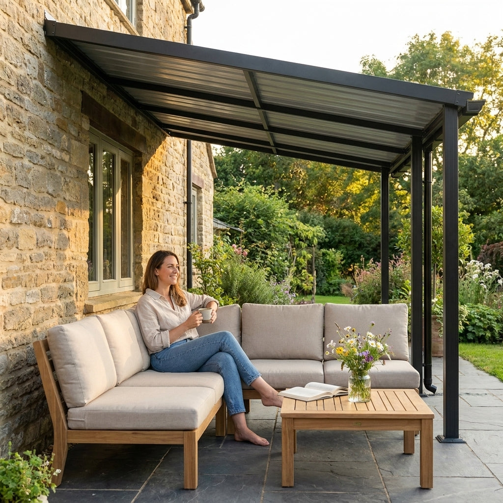 10'X20' Hardtop Wall Mounted Gazebo with Gutters & Galvanized Steel Roof, 60MPH Wind Resistance, Lean to Gazebo Pergola with Sloped Roof for Deck, Porch, Backyard and More, Black — Lifestyle
