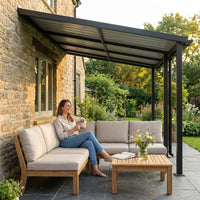 10'X20' Hardtop Wall Mounted Gazebo with Gutters & Galvanized Steel Roof, 60MPH Wind Resistance, Lean to Gazebo Pergola with Sloped Roof for Deck, Porch, Backyard and More, Black — Lifestyle