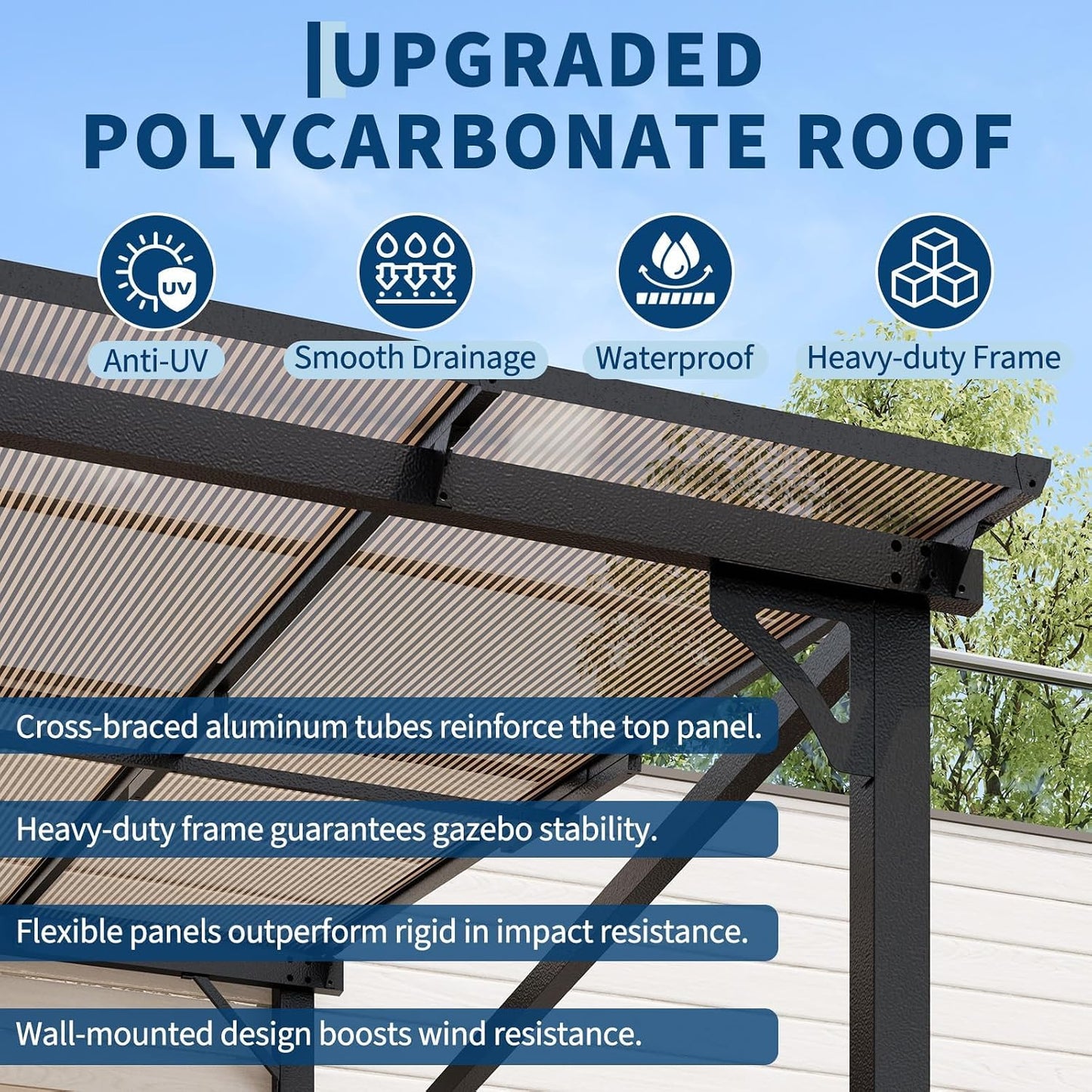 10X12Ft Lean to Metal Pergola Gazebo with Hardtop Polycarbonate Roof, Wall Mounted Outdoor Pergolas for Patios, Aluminum Frame Shade Shelter for Deck, Yard, Party, or Garden