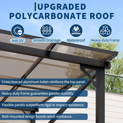 10X12Ft Lean to Metal Pergola Gazebo with Hardtop Polycarbonate Roof, Wall Mounted Outdoor Pergolas for Patios, Aluminum Frame Shade Shelter for Deck, Yard, Party, or Garden