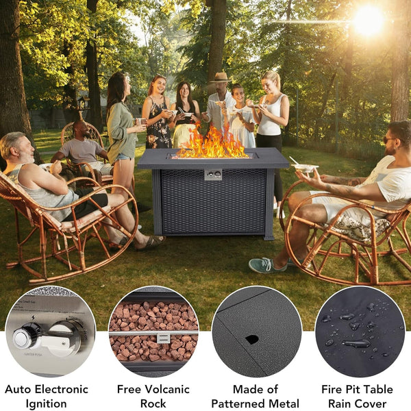 Propane Fire Pit Table 44 Inch, 50000BTU Rectangle Fire Table with Cover & Rain Cover, Sturdy Steel and Iron Fence Surface, CSA Safety Certified, Companion for Your Garden