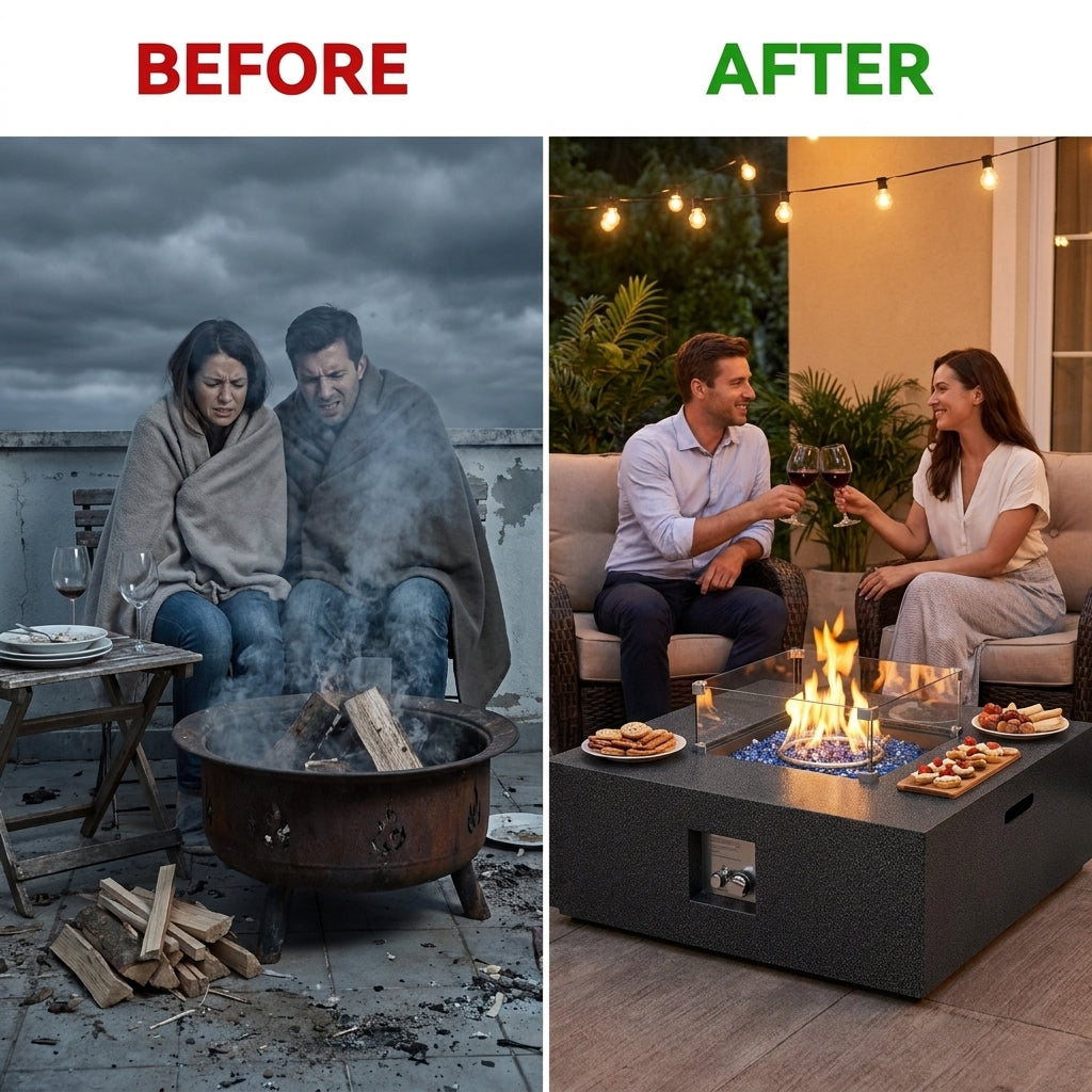 36 Inch Propane Fire Pit Table with Wind Guard and Rain Cover, Glass Beads, Sturdy Steel Anti-Rust Finish, CSA Safety Certified Outdoor Firepit for Patio Yard Garden-Black — Before & After