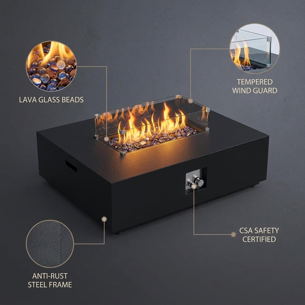 36 Inch Propane Fire Pit Table with Wind Guard and Rain Cover, Glass Beads, Sturdy Steel Anti-Rust Finish, CSA Safety Certified Outdoor Firepit for Patio Yard Garden-Black — infographic