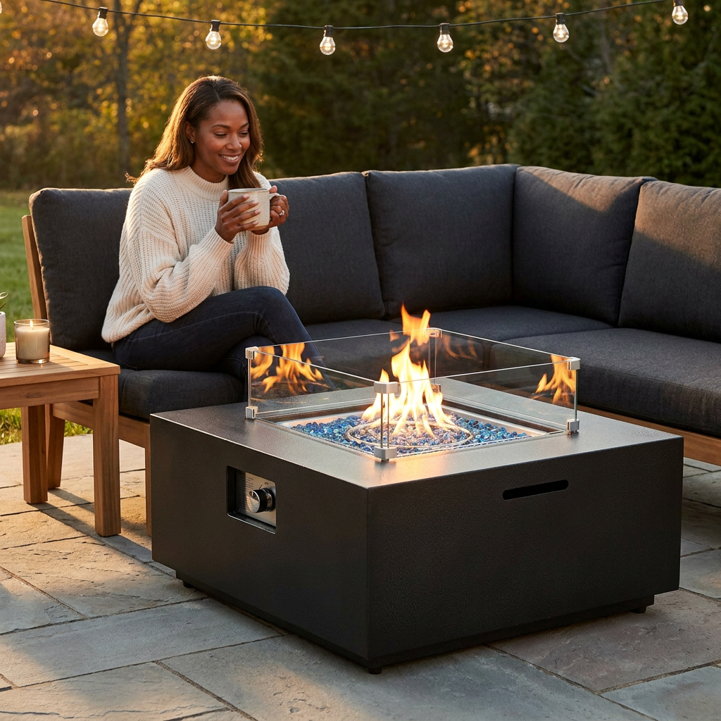 36 Inch Propane Fire Pit Table with Wind Guard and Rain Cover, Glass Beads, Sturdy Steel Anti-Rust Finish, CSA Safety Certified Outdoor Firepit for Patio Yard Garden-Black — Lifestyle