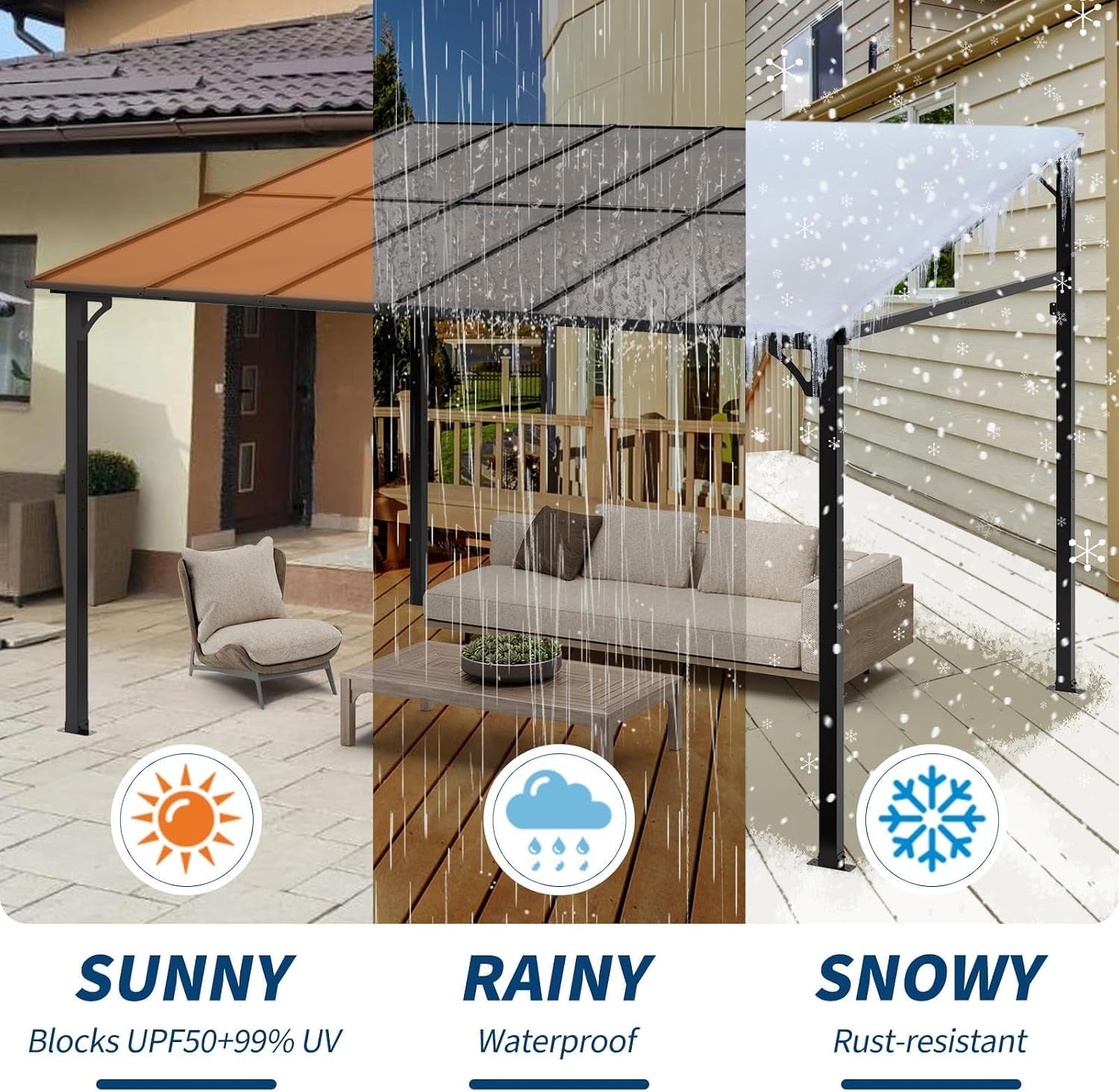 10X12Ft Lean to Metal Pergola Gazebo with Hardtop Polycarbonate Roof, Wall Mounted Outdoor Pergolas for Patios, Aluminum Frame Shade Shelter for Deck, Yard, Party, or Garden