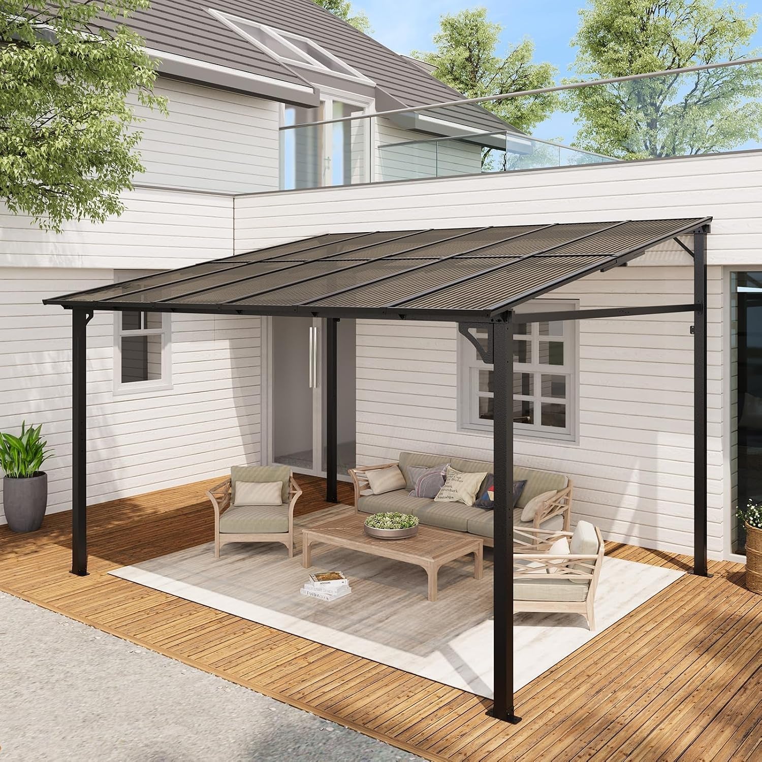10X12Ft Lean to Metal Pergola Gazebo with Hardtop Polycarbonate Roof, Wall Mounted Outdoor Pergolas for Patios, Aluminum Frame Shade Shelter for Deck, Yard, Party, or Garden