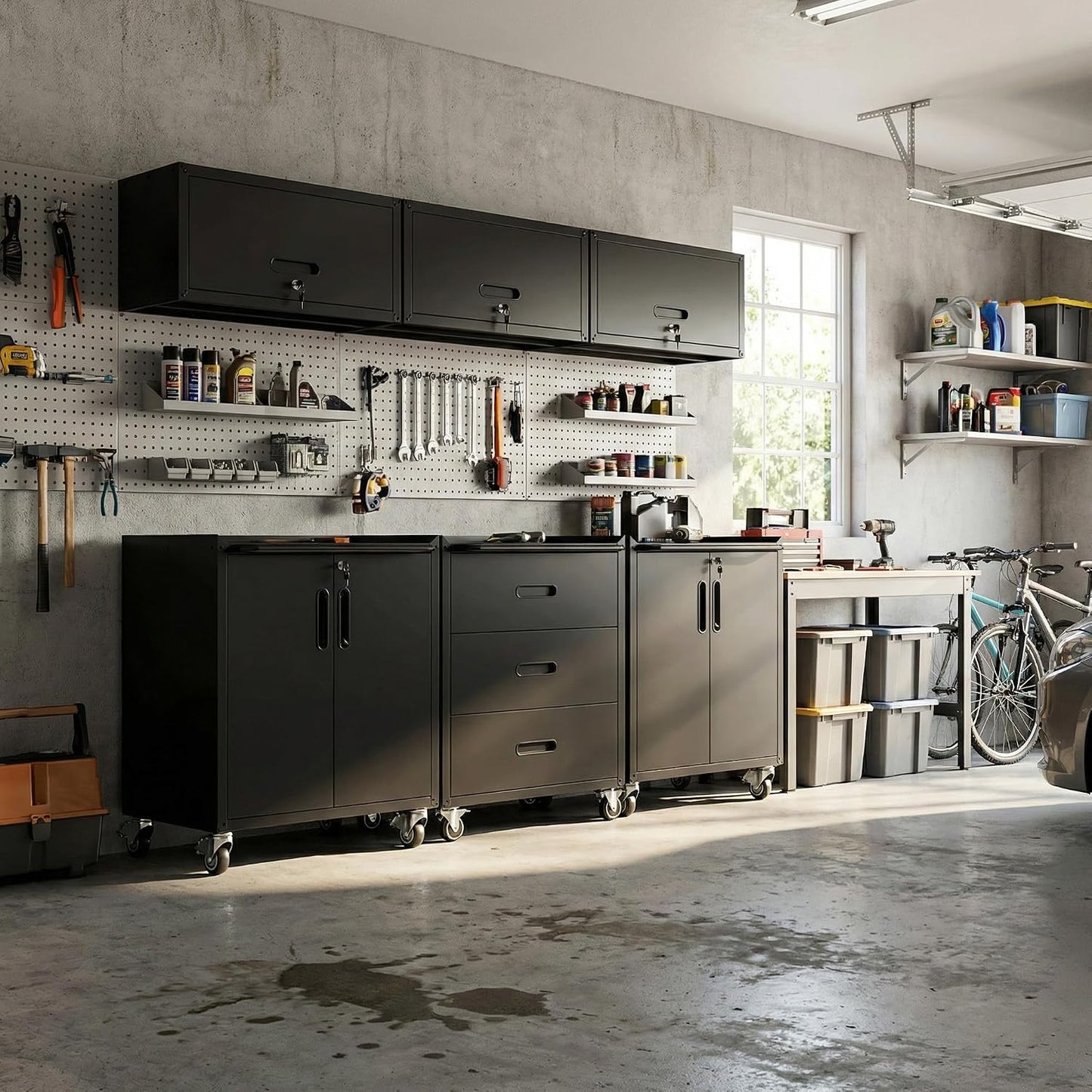Garage Cabinet System | Heavy Duty Steel All-In-One Modular Garage Cabinet Set for Ultimate Workshop Organization | Easy Assembly Garage Storage Cabinets & Tool Bench