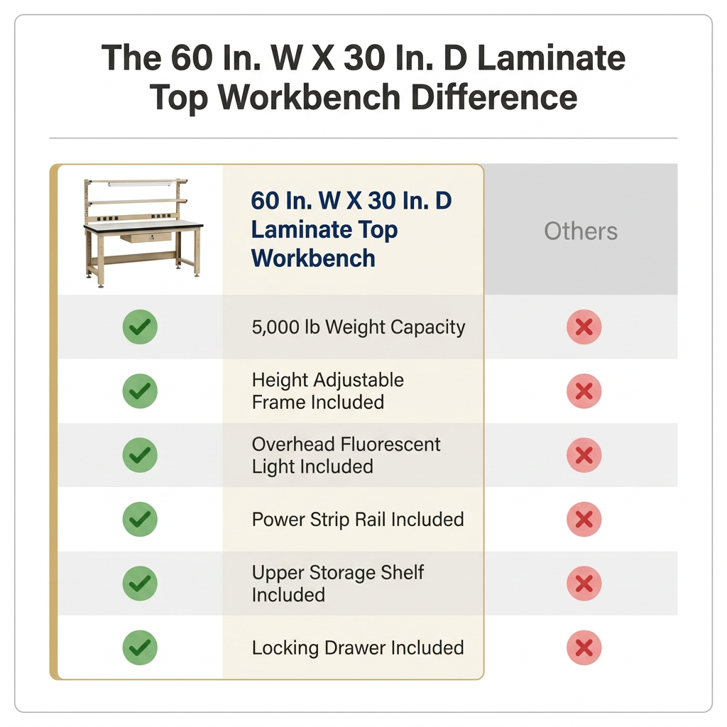 60 In. W X 30 In. D Laminate Top Workbench — Comparison