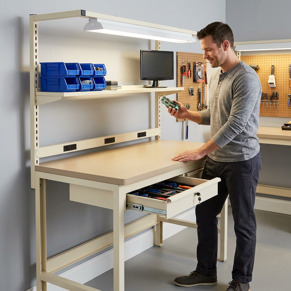 Workbench Built for Heavy-Duty Work, 60 x 30 Inch Laminate Top, Adjustable Height, Steel Frame