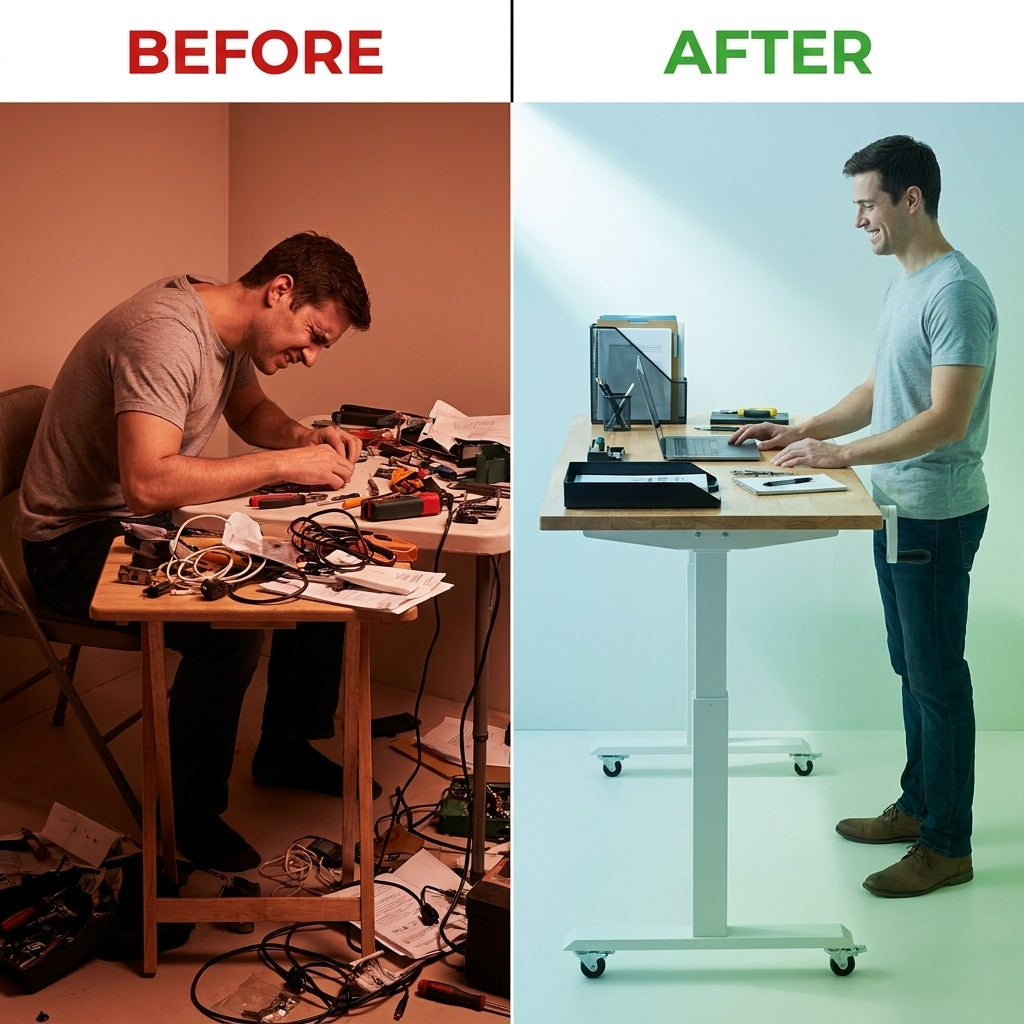 72 In. W X 24 In. D Adjustable Height White Workbench with Solid Wood Top — Before & After