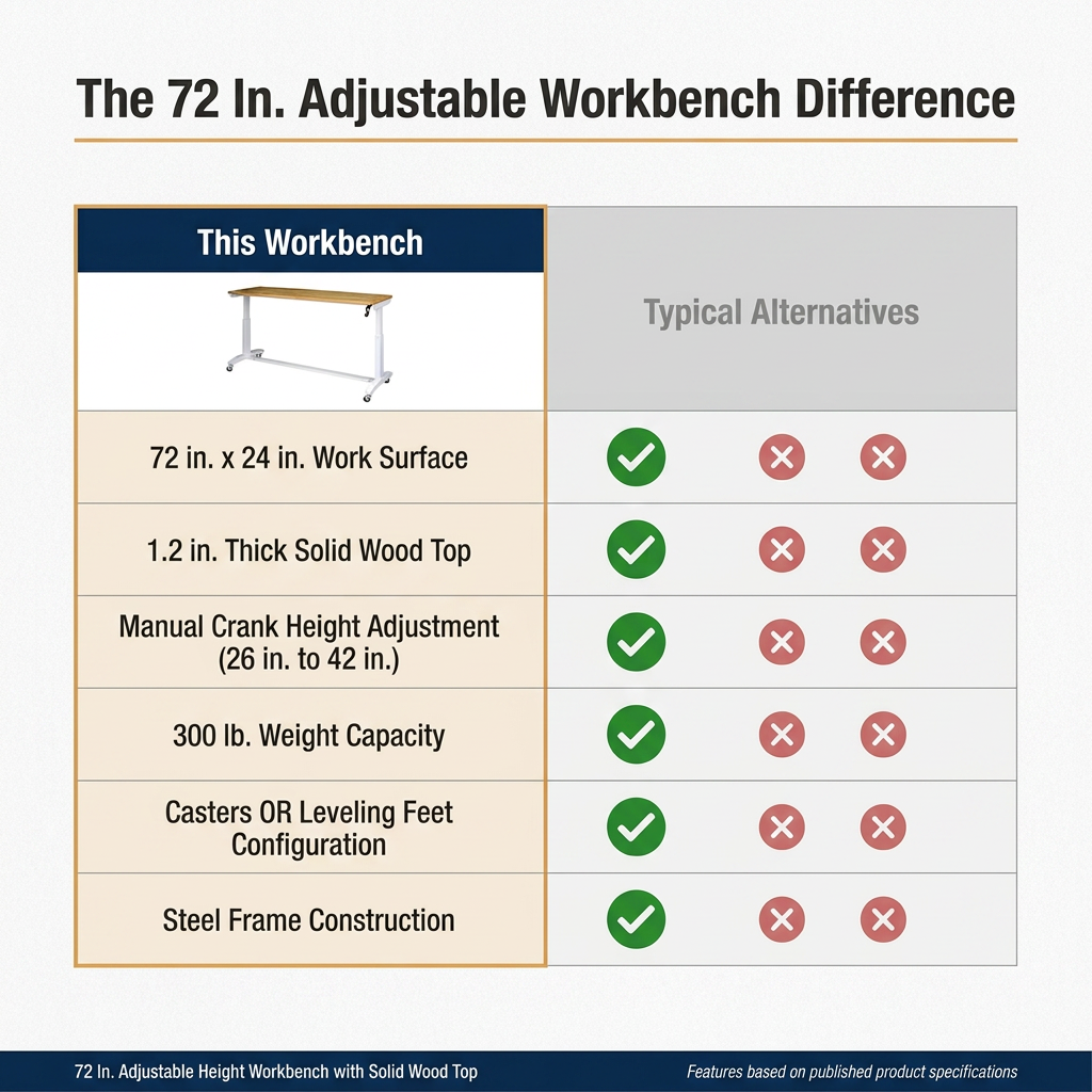 72 In. W X 24 In. D Adjustable Height White Workbench with Solid Wood Top — Comparison
