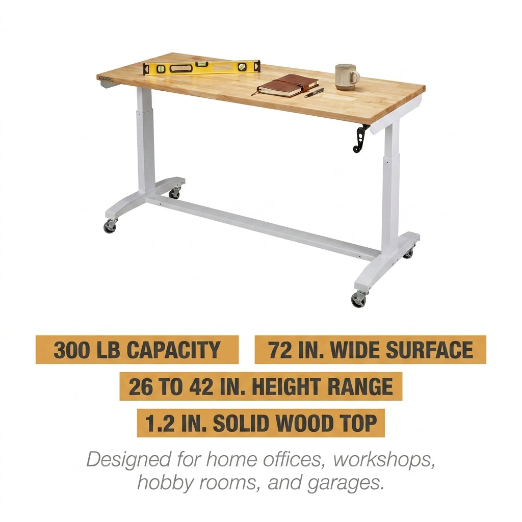 72 In. W X 24 In. D Adjustable Height White Workbench with Solid Wood Top — Results & Stats