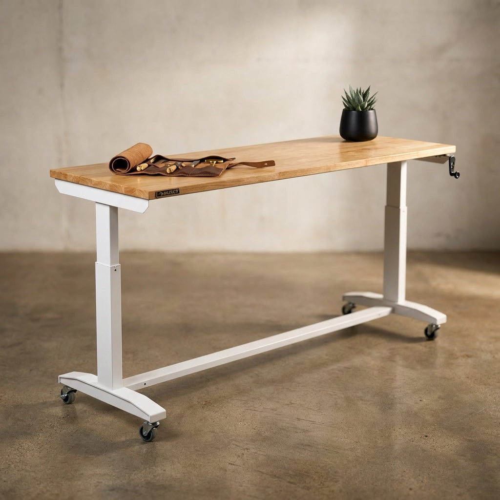 72 In. W X 24 In. D Adjustable Height White Workbench with Solid Wood Top — Studio Shot