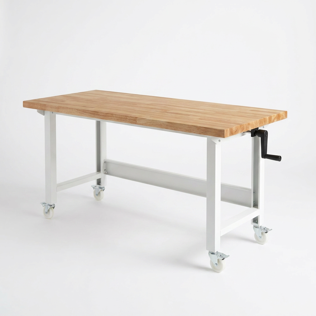 72 In. W X 24 In. D Adjustable Height White Workbench with Solid Wood Top — Studio Shot