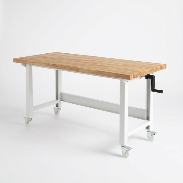 72 In. W X 24 In. D Adjustable Height White Workbench with Solid Wood Top — Studio Shot