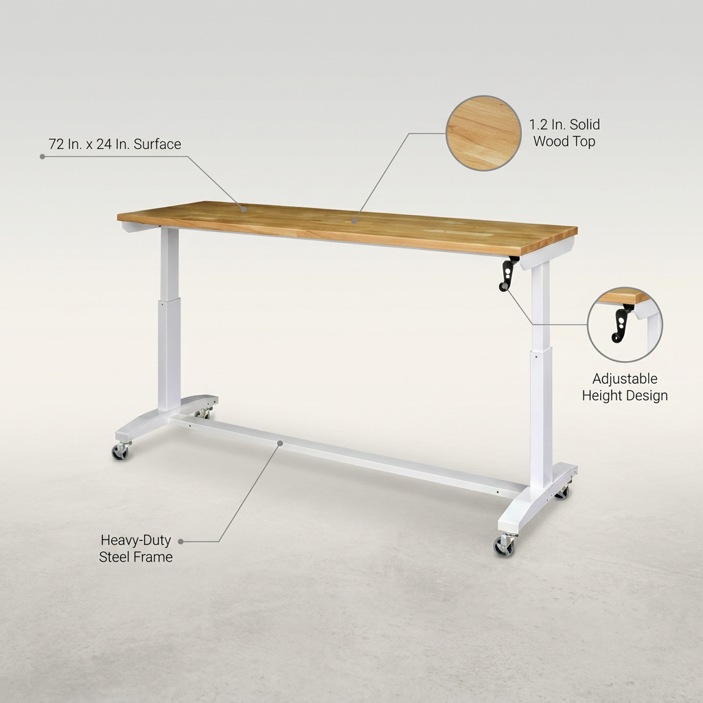 72 In. W X 24 In. D Adjustable Height White Workbench with Solid Wood Top — infographic