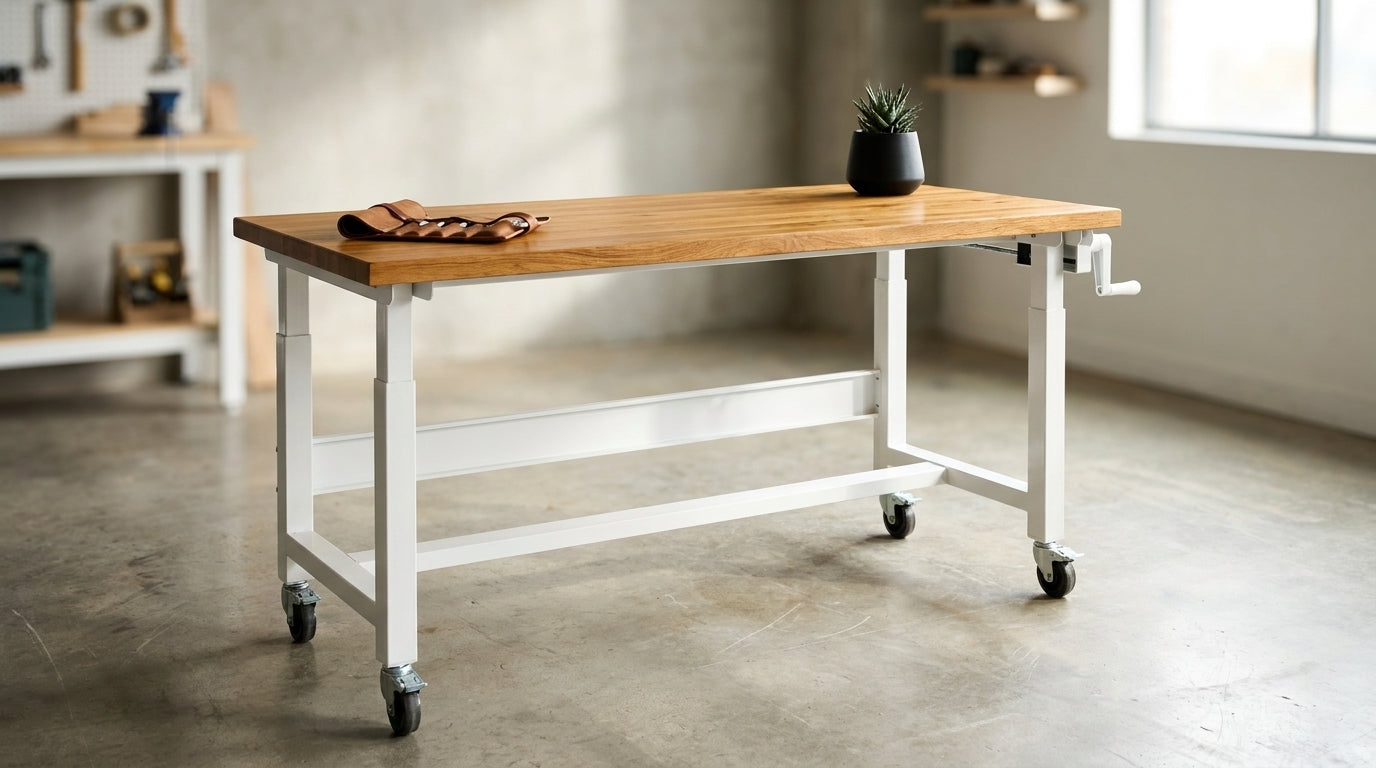 72 In. W X 24 In. D Adjustable Height White Workbench with Solid Wood Top — Lifestyle