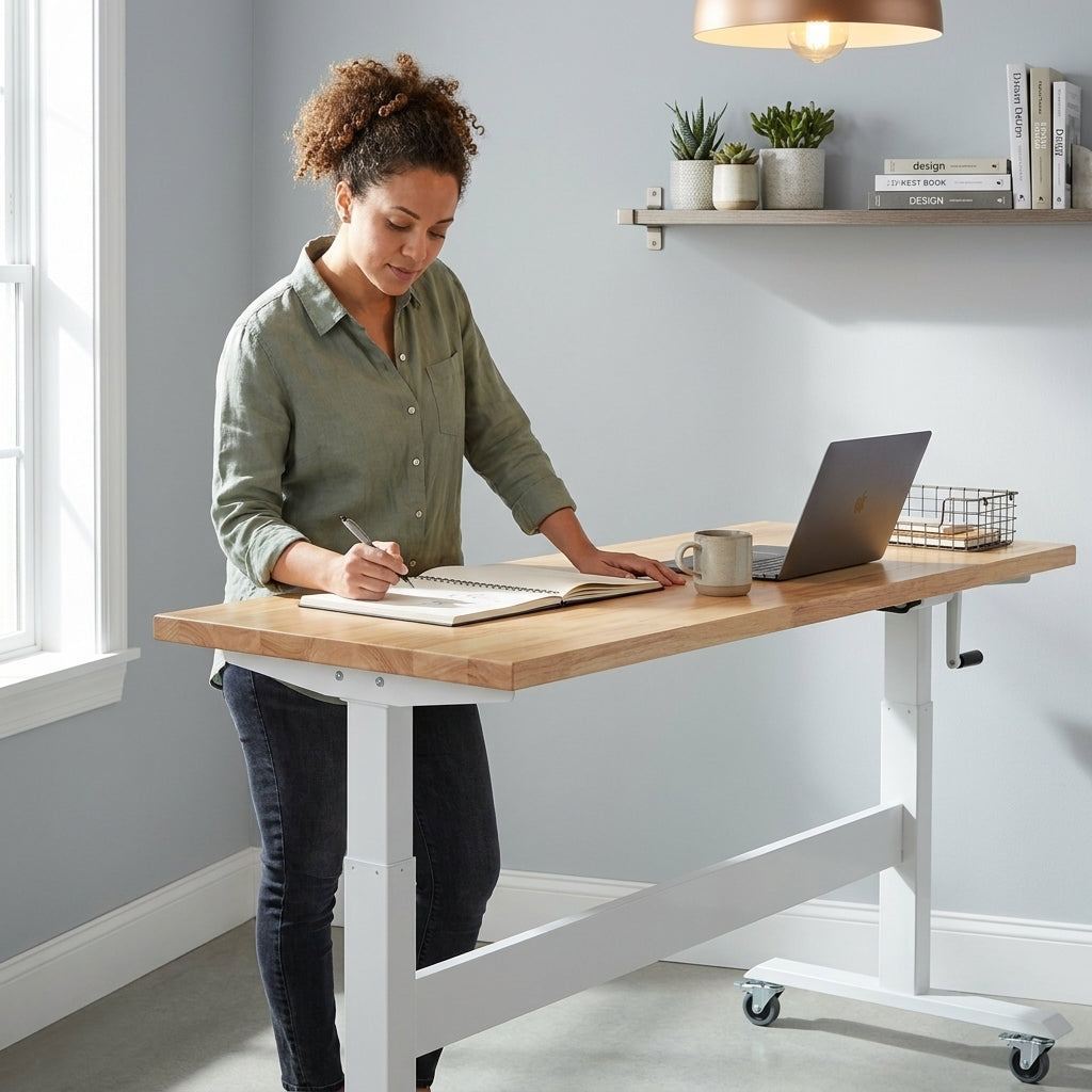 72 In. W X 24 In. D Adjustable Height White Workbench with Solid Wood Top — Lifestyle