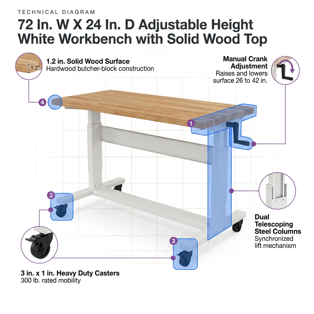 72 In. W X 24 In. D Adjustable Height White Workbench with Solid Wood Top — How It Works