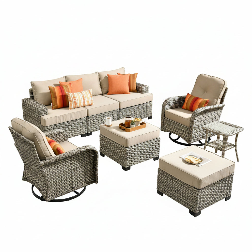 8 Pieces Patio Furniture Set, All Weather Wicker Patio Conversation Set with Swivel Chairs, Outdoor Furniture with Ottoman for Garden, Beige