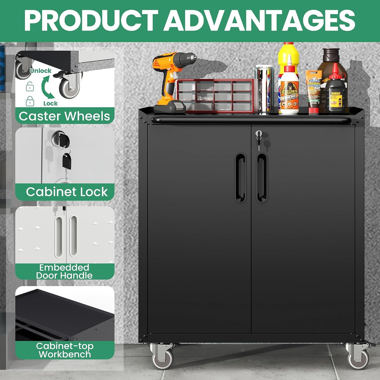 Garage Cabinet System | Heavy Duty Steel All-In-One Modular Garage Cabinet Set for Ultimate Workshop Organization | Easy Assembly Garage Storage Cabinets & Tool Bench