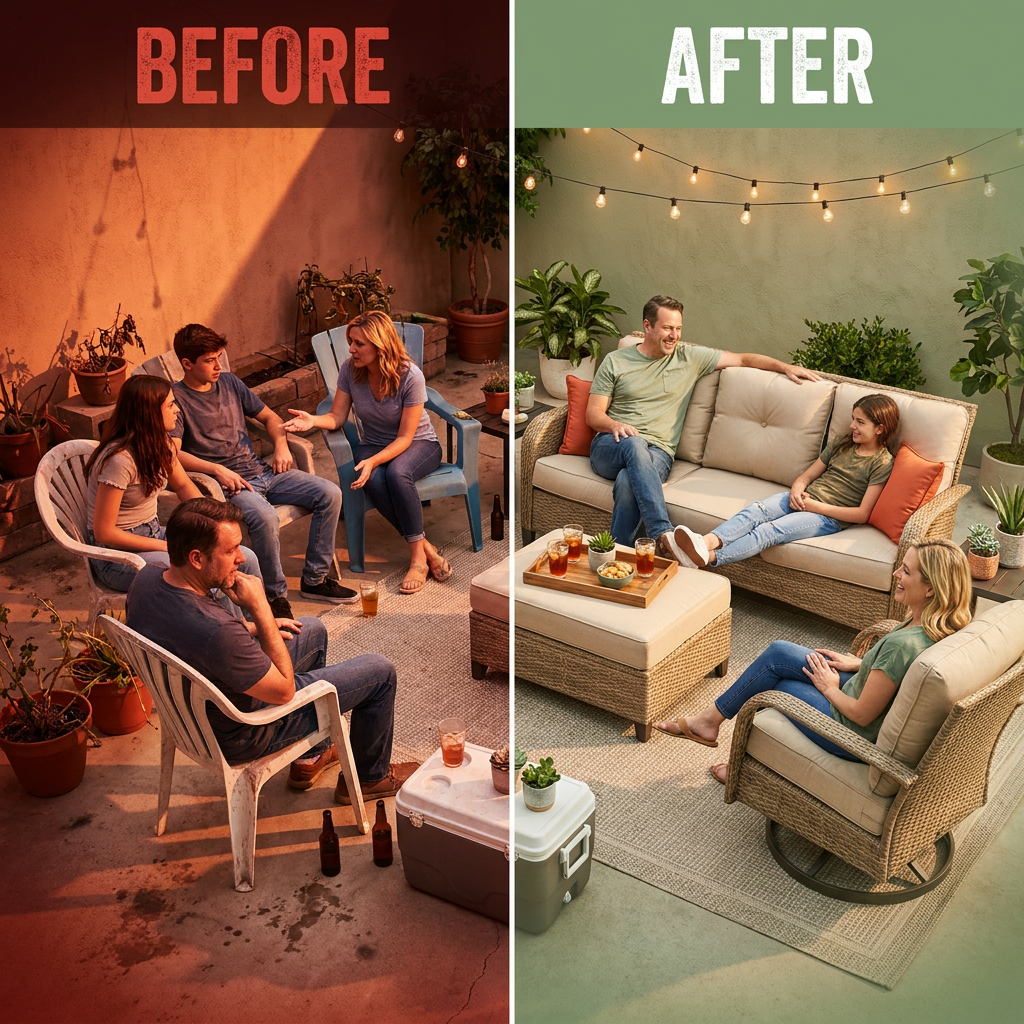 8 Pieces Patio Furniture Set, All Weather Wicker Patio Conversation Set with Swivel Chairs, Outdoor Furniture with Ottoman for Garden, Beige — Before & After