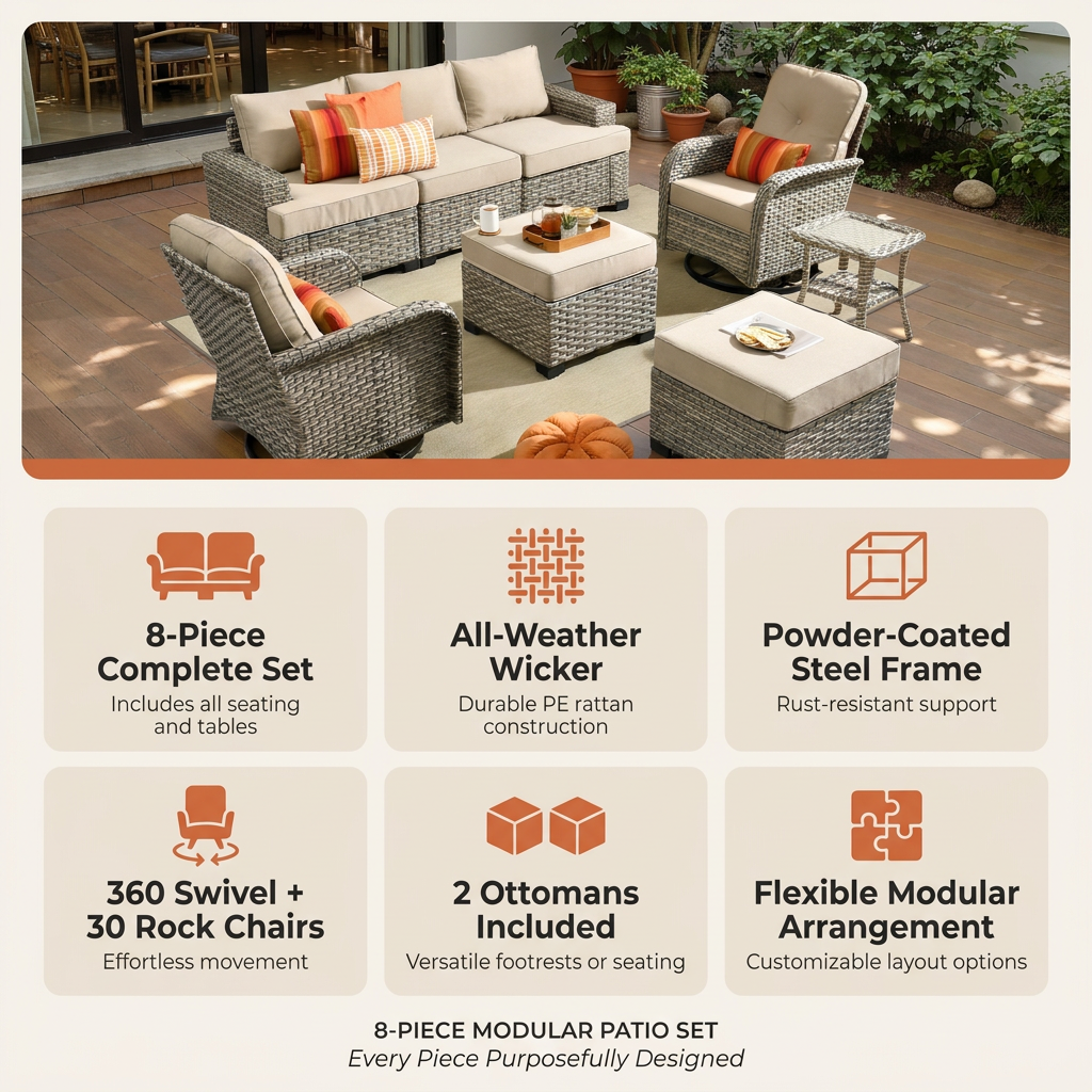 8 Pieces Patio Furniture Set, All Weather Wicker Patio Conversation Set with Swivel Chairs, Outdoor Furniture with Ottoman for Garden, Beige — Results & Stats