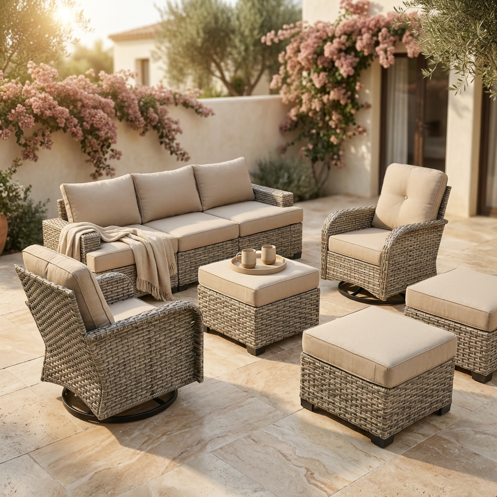 8 Pieces Patio Furniture Set, All Weather Wicker Patio Conversation Set with Swivel Chairs, Outdoor Furniture with Ottoman for Garden, Beige — Studio Shot