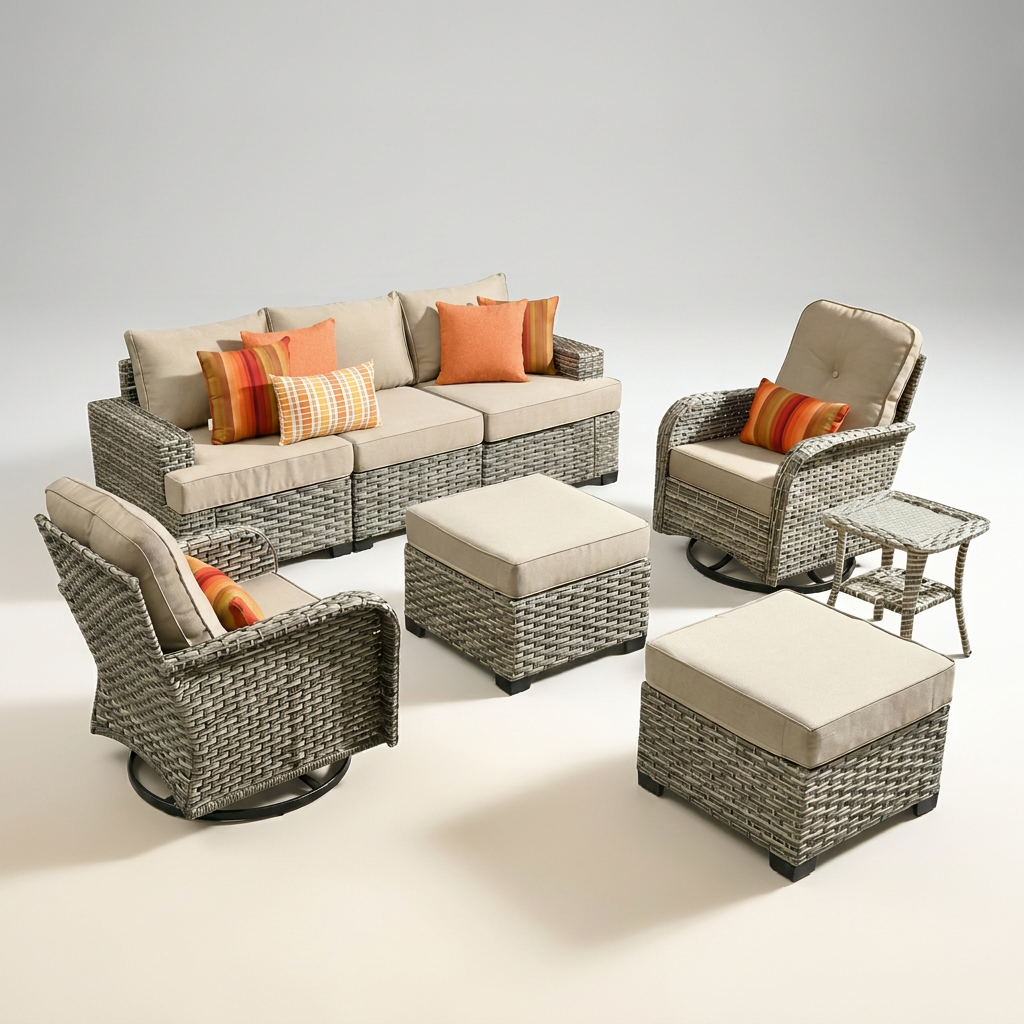 8 Pieces Patio Furniture Set, All Weather Wicker Patio Conversation Set with Swivel Chairs, Outdoor Furniture with Ottoman for Garden, Beige — Studio Shot