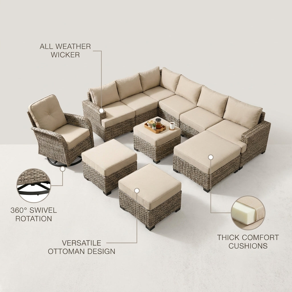 8 Pieces Patio Furniture Set, All Weather Wicker Patio Conversation Set with Swivel Chairs, Outdoor Furniture with Ottoman for Garden, Beige — infographic