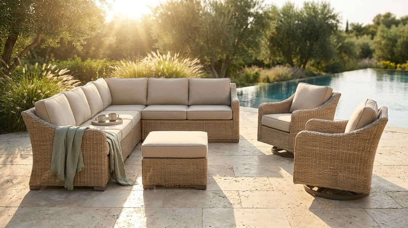 8 Pieces Patio Furniture Set, All Weather Wicker Patio Conversation Set with Swivel Chairs, Outdoor Furniture with Ottoman for Garden, Beige — Lifestyle