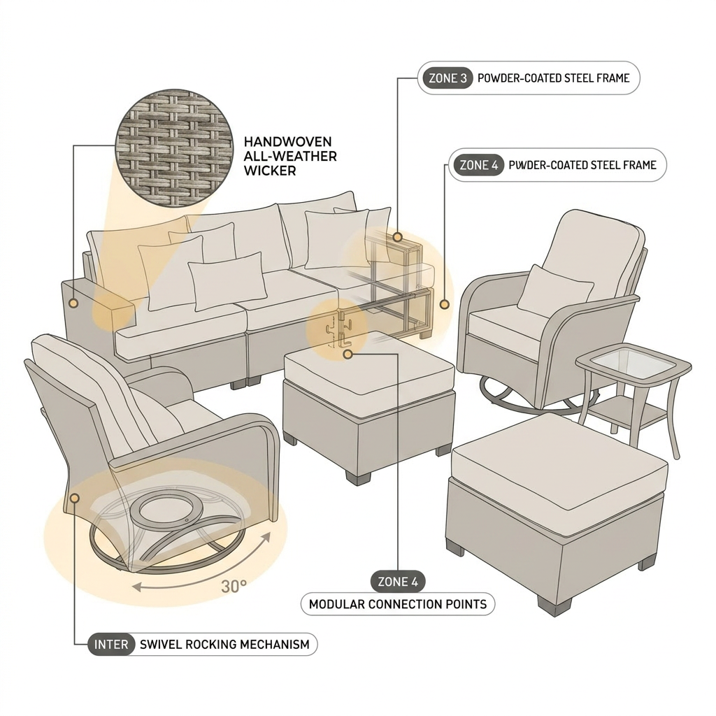 8 Pieces Patio Furniture Set, All Weather Wicker Patio Conversation Set with Swivel Chairs, Outdoor Furniture with Ottoman for Garden, Beige — How It Works