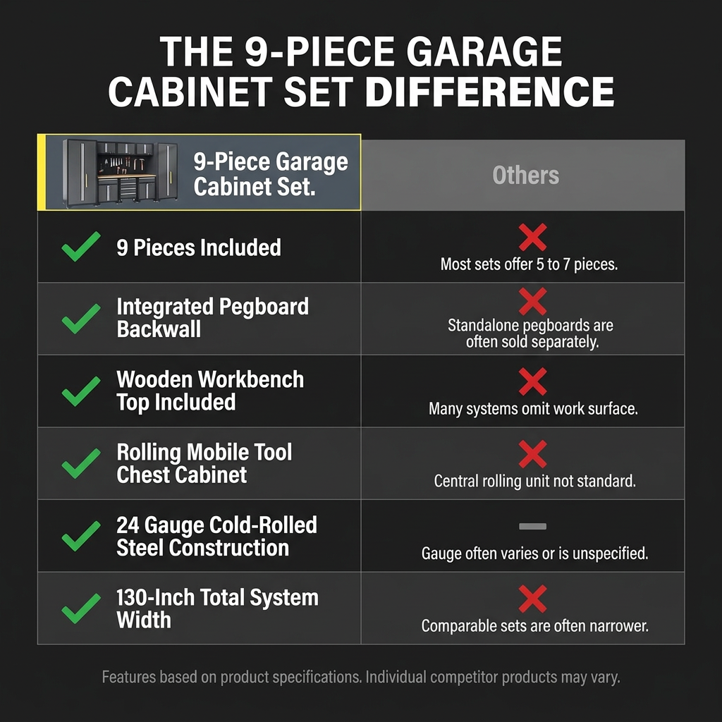 9-Piece Garage Shop Tool Storage Cabinet Set with Pegboard and Wooden Work Top 24 Gauge Steel Tool Chests & Garage Mounted Storage Systems - Black+Gray — Comparison