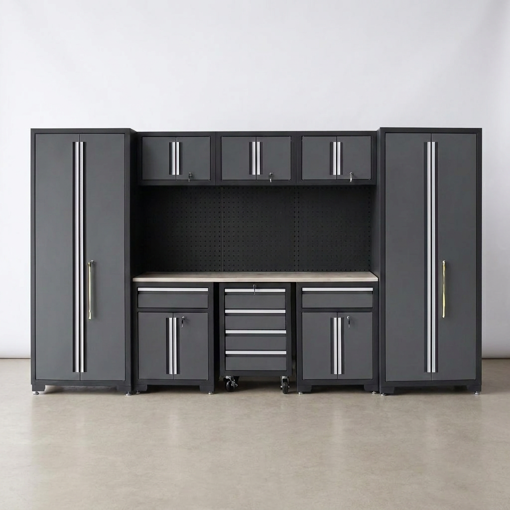 9-Piece Garage Shop Tool Storage Cabinet Set with Pegboard and Wooden Work Top 24 Gauge Steel Tool Chests & Garage Mounted Storage Systems - Black+Gray — Studio Shot