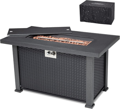 Propane Fire Pit Table 44 Inch, 50000BTU Rectangle Fire Table with Cover & Rain Cover, Sturdy Steel and Iron Fence Surface, CSA Safety Certified, Companion for Your Garden