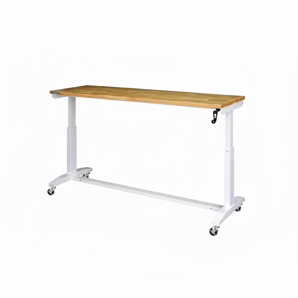72 In. W X 24 In. D Adjustable Height White Workbench with Solid Wood Top