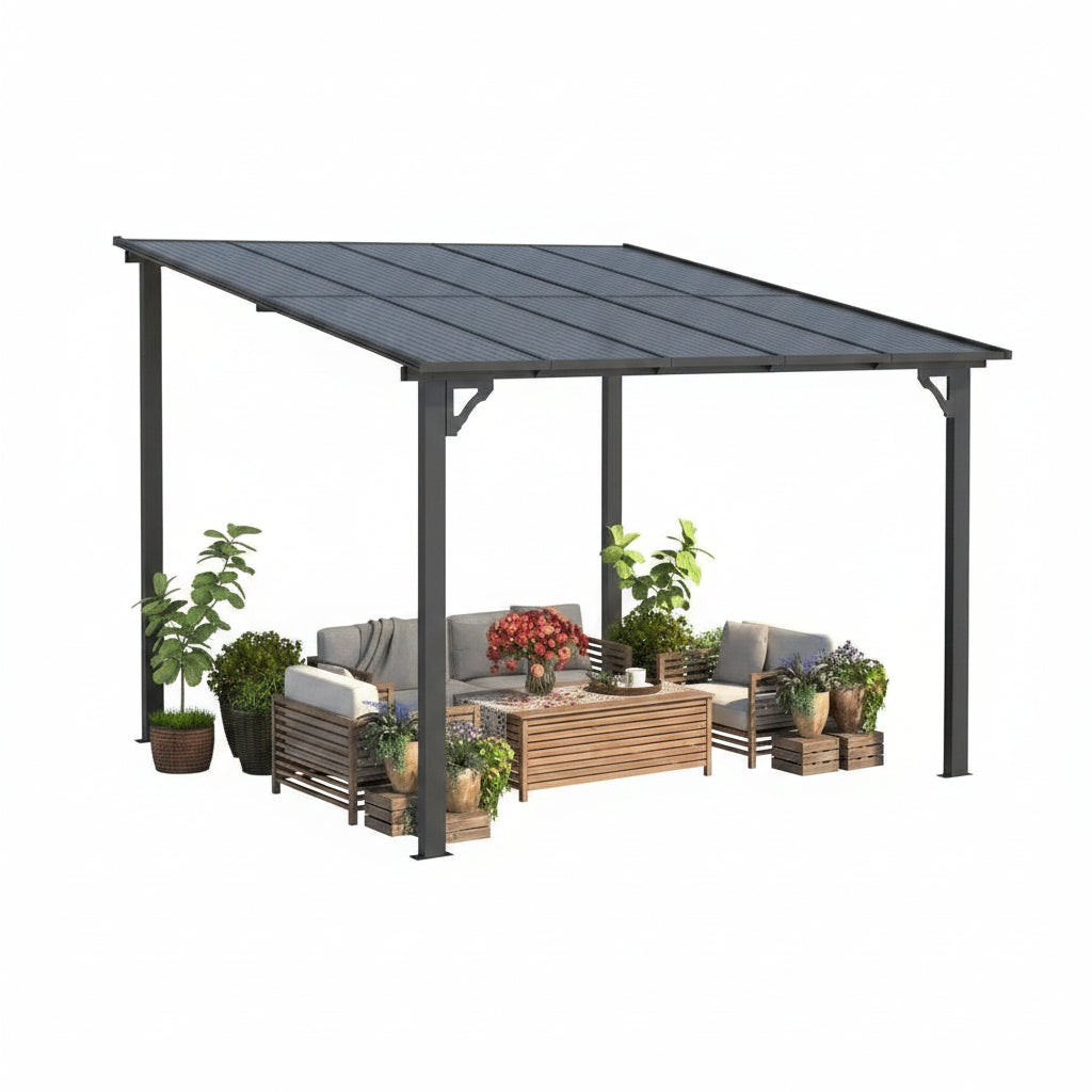 10'X20' Hardtop Wall Mounted Gazebo with Gutters & Galvanized Steel Roof, 60MPH Wind Resistance, Lean to Gazebo Pergola with Sloped Roof for Deck, Porch, Backyard and More, Black