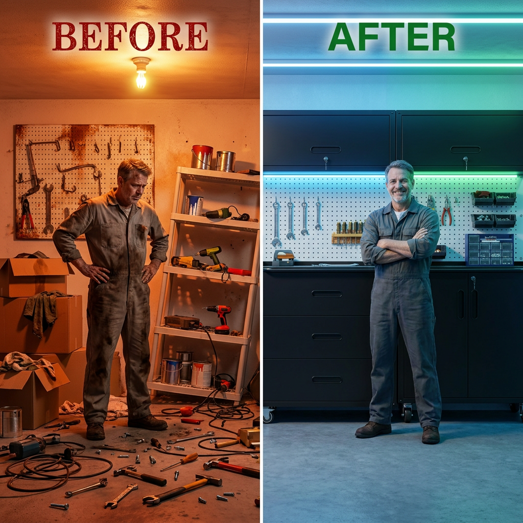 Garage Cabinet System | Heavy Duty Steel All-In-One Modular Garage Cabinet Set for Ultimate Workshop Organization | Easy Assembly Garage Storage Cabinets & Tool Bench — Before & After