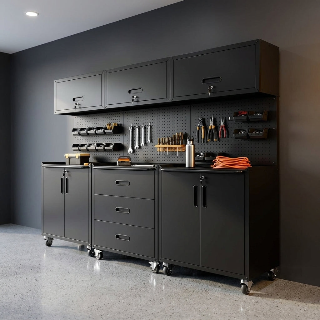 Garage Cabinet System | Heavy Duty Steel All-In-One Modular Garage Cabinet Set for Ultimate Workshop Organization | Easy Assembly Garage Storage Cabinets & Tool Bench — Studio Shot