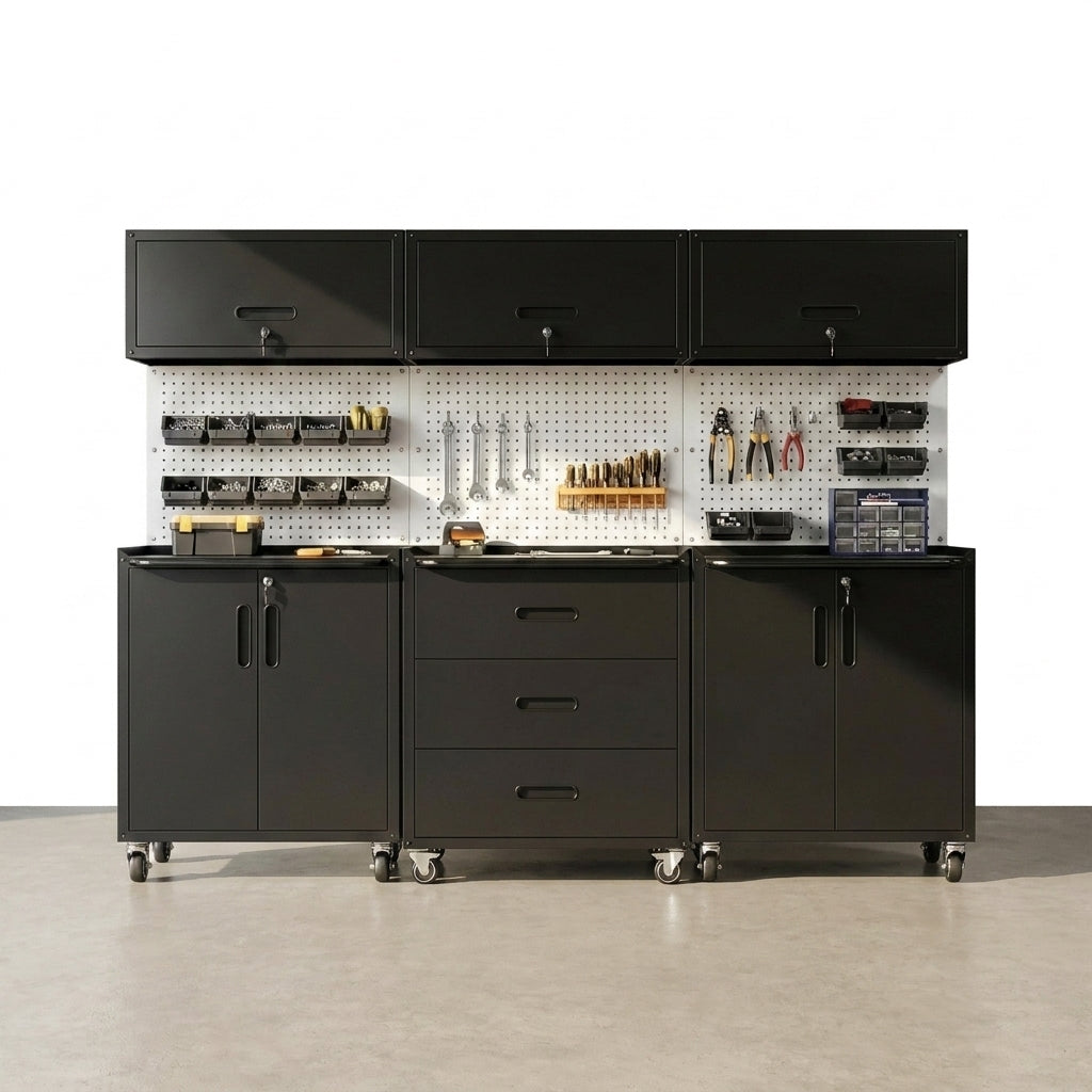 Garage Cabinet System | Heavy Duty Steel All-In-One Modular Garage Cabinet Set for Ultimate Workshop Organization | Easy Assembly Garage Storage Cabinets & Tool Bench — Studio Shot