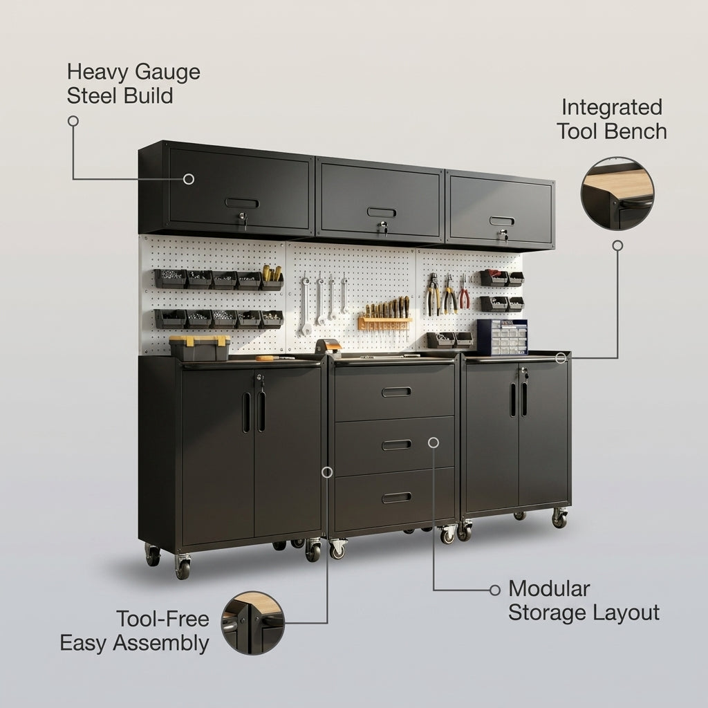 Garage Cabinet System | Heavy Duty Steel All-In-One Modular Garage Cabinet Set for Ultimate Workshop Organization | Easy Assembly Garage Storage Cabinets & Tool Bench — infographic